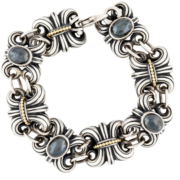LAGOS Jewelry - LAGOS STERLING SILVER & 18K YELLOW GOLD HEMATITE FLEUR DE LIS LINK BRACELET